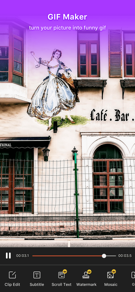 VideoShow PRO - Video Editor - Interface of VideoShow PRO video editor showing the GIF Maker feature turning a picture into an animated gif.