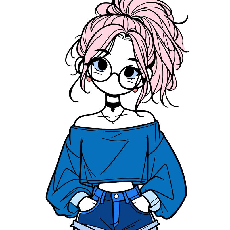 girl with a messy ponytail glasses a baggy crop top and jean shorts