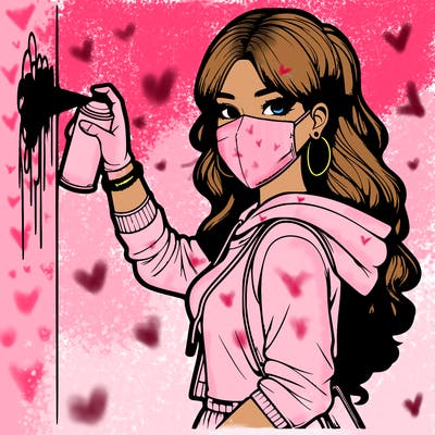 realistic girl with mask spray painting a wall