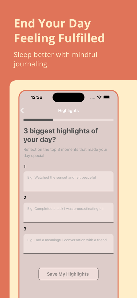 Gratitude Journal - Reflect - マインドフルなジャーナリングのために、その日の3つのハイライトを記録するための毎日のプロンプトを示すReflectアプリの画面