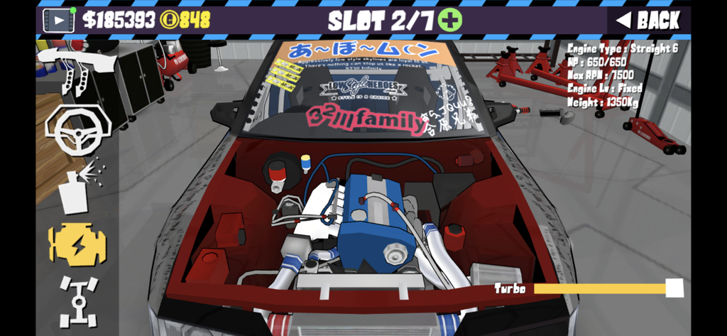 Car engine bay customization in FR Legends with a straight six engine and performance stats