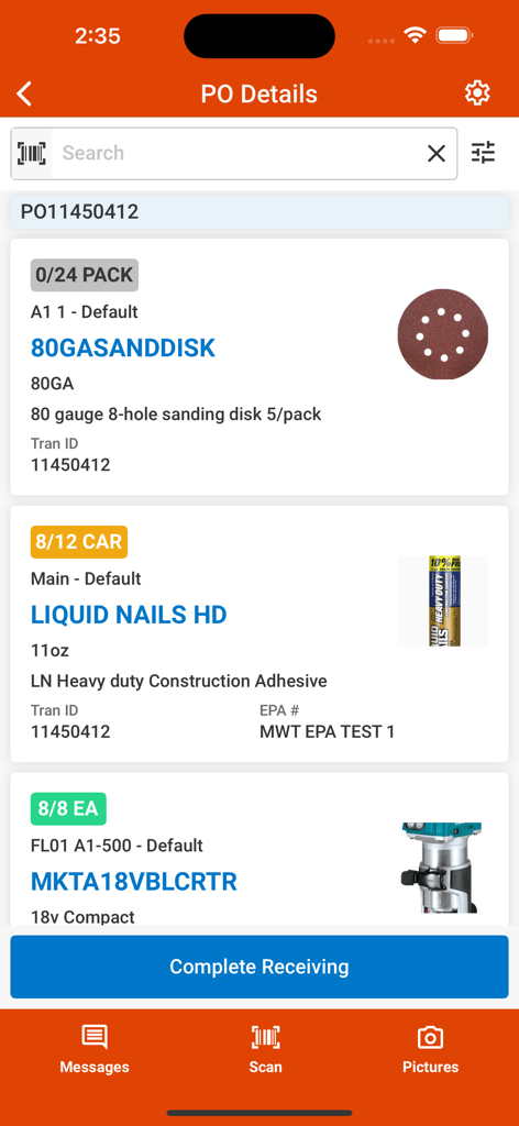 Agility Mobile Warehouse Tools app interface showing purchase order details for inventory receiving with item quantities and search bar.