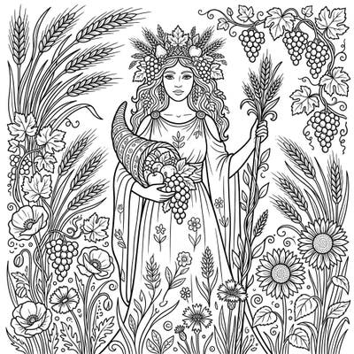 Celebrate the cycles of nature and bountiful harvests with this intricate coloring template of an Agricultural Deity. Immerse yourself in a world of wheat, grapes, and wildflowers as you bring this powerful goddess to life with your colors.