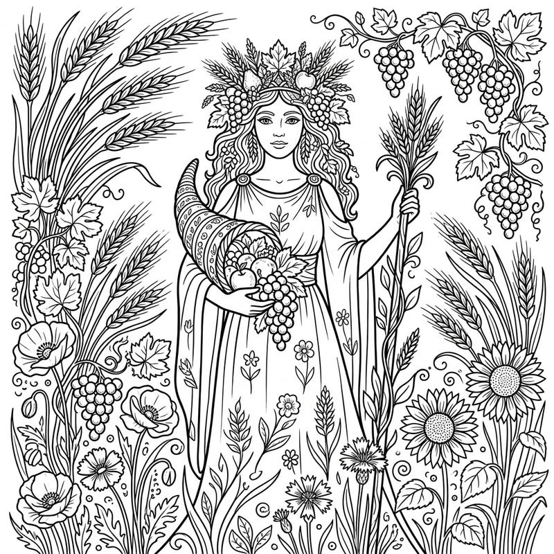 Celebrate the cycles of nature and bountiful harvests with this intricate coloring template of an Agricultural Deity. Immerse yourself in a world of wheat, grapes, and wildflowers as you bring this powerful goddess to life with your colors.