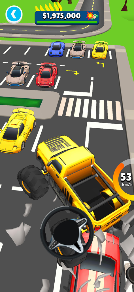 Monster Truck Rampage 3D! - A yellow monster truck crushing a red car in Monster Truck Rampage 3D