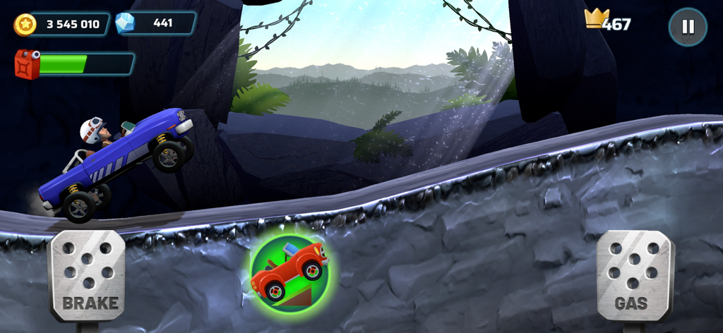 Mountain Climb Jump - A blue off-road car driving up a snowy mountain track in the Mountain Climb Jump game