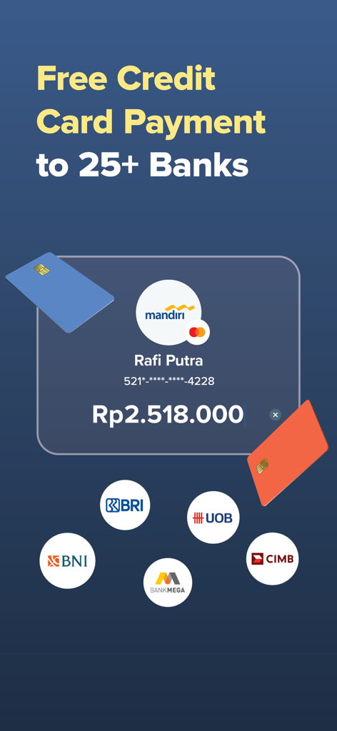 Interfaccia dell'app Flip che mostra il pagamento gratuito delle bollette delle carte di credito per oltre 25 banche indonesiane tra cui Mandiri, BRI e BNI.