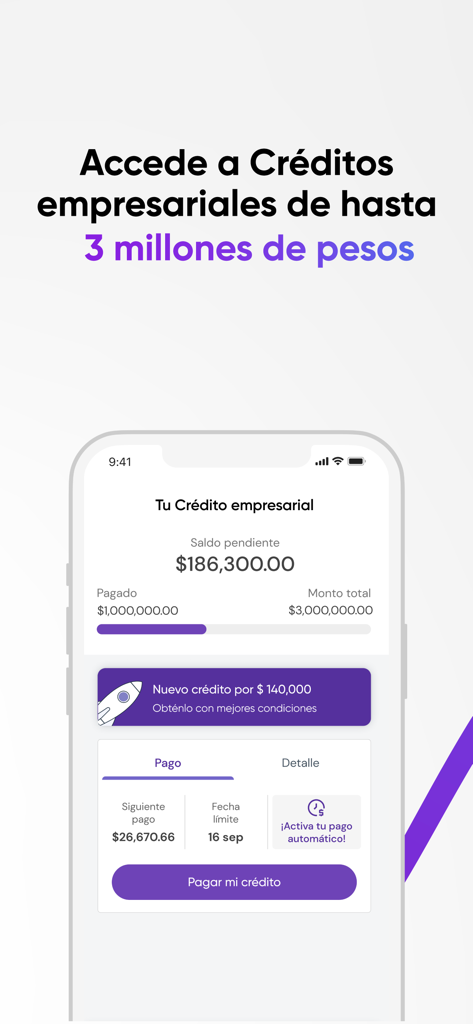 Konfío - Pantalla móvil de la app Konfio que muestra detalles de crédito empresarial y opciones de pago en español.