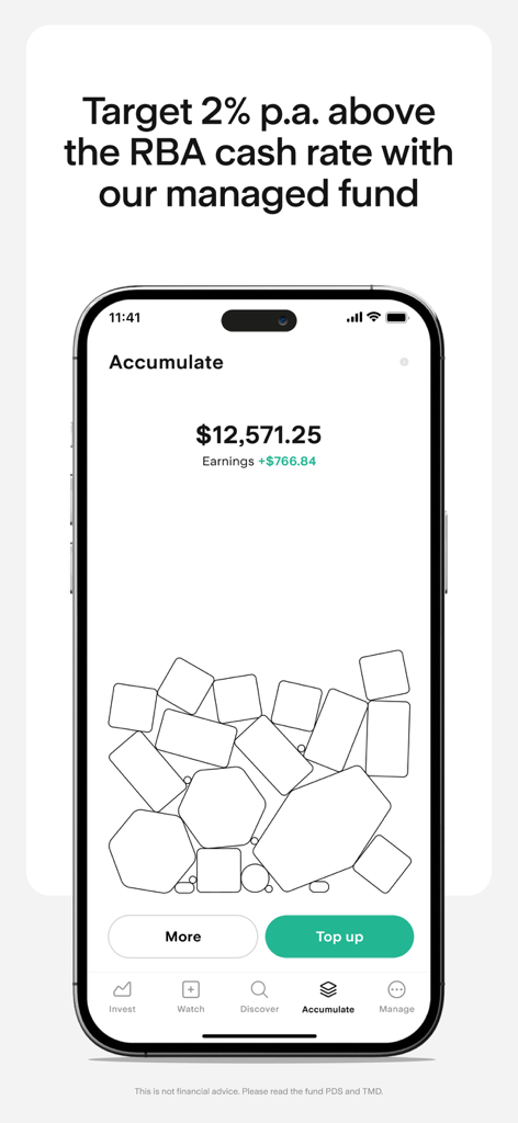 Stake – Stocks | ETFs | SMSF - Stake app Accumulate feature interface showing a managed fund balance and earnings summary