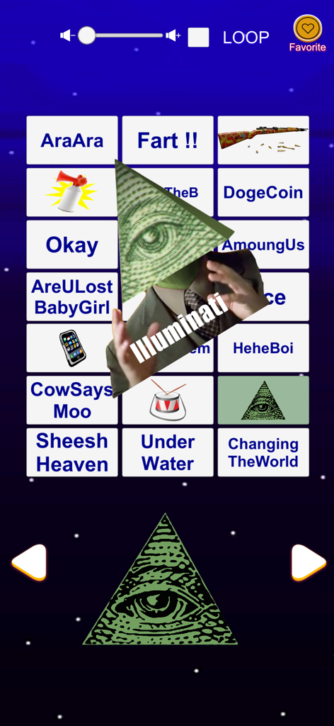 Interfaz de la aplicación Caja de Sonidos de Efectos de Memes con botones para sonidos populares de internet como Fart e Illuminati