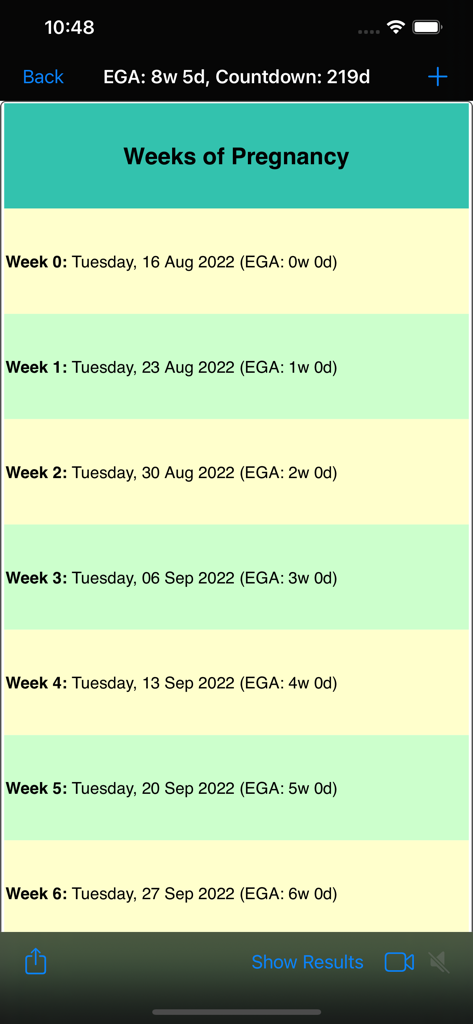 iFetal Pro - iFetal Pro app interface showing a detailed list of pregnancy weeks and their calendar dates