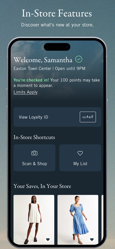 Abercrombie and Fitch app interface displaying in-store features like scan and shop and loyalty rewards