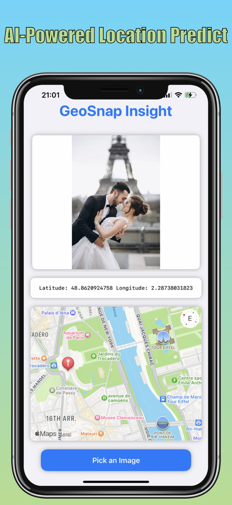 GeoSnap Insight - GeoSnap Insight mobile app predicting the geographic location of a photo with a map and coordinates