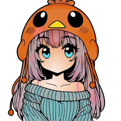 anime girl with chick shaped hat with sweater with bare shoulders with bangs covering them one eye with low tail