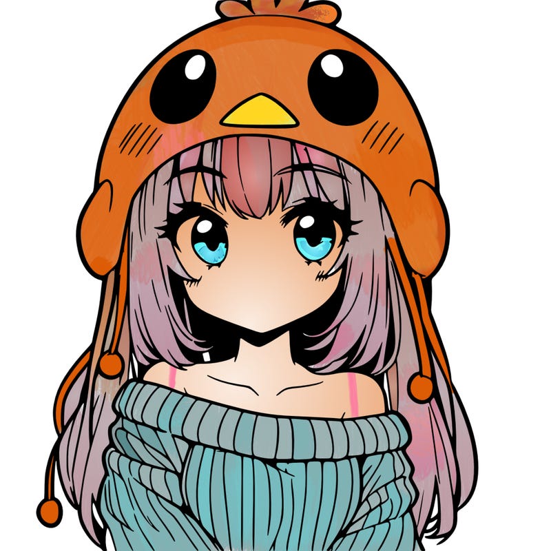 anime girl with chick shaped hat with sweater with bare shoulders with bangs covering them one eye with low tail