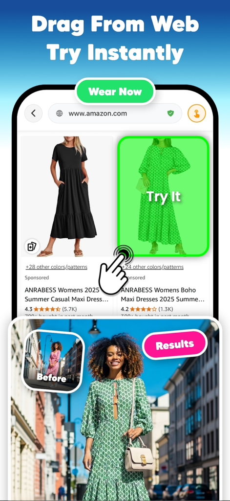 Combyne & Ai Try On - WearUp! - A mobile app interface showing how to virtually try on clothes by dragging items directly from an online shopping site like Amazon.