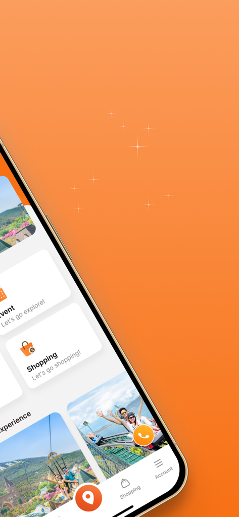 VinWonders - A mobile app interface for VinWonders showing sections for travel experiences and shopping on an orange background