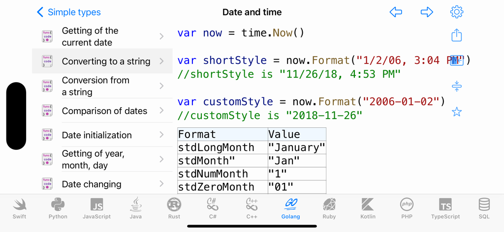 Code Recipes Pro - Code Recipes Pro interface showing Golang date and time code snippets.