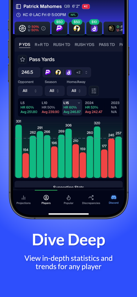 PickFinder app interface displaying detailed NFL player stats and performance charts