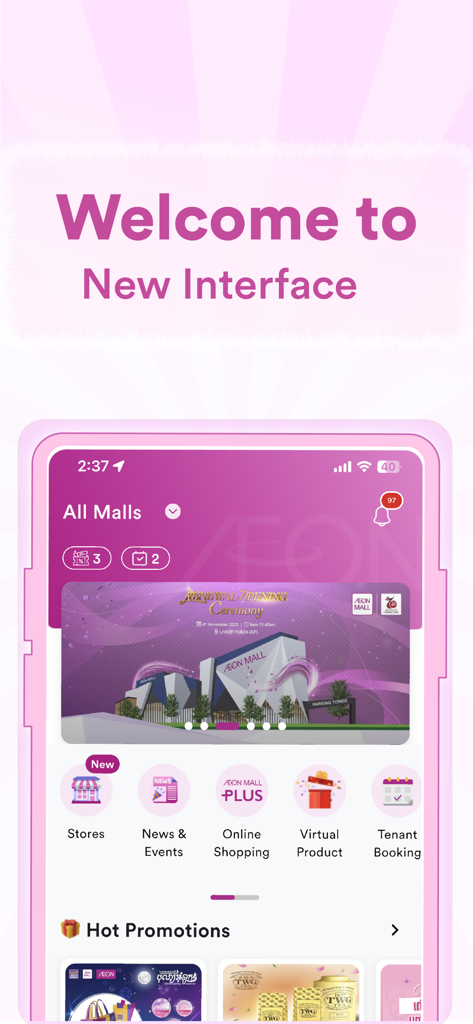 AEON MALL APP - AEON MALL APP welcome screen showing the new shopping interface with various mall services