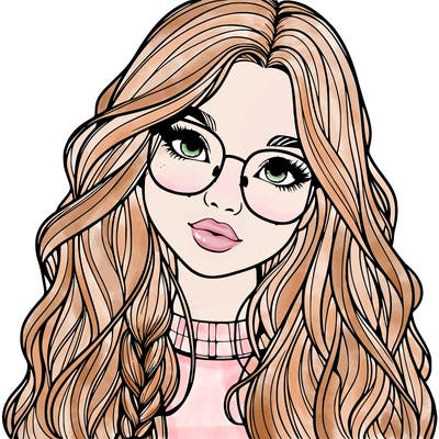 girl with long hair and freckles and glasses realistic