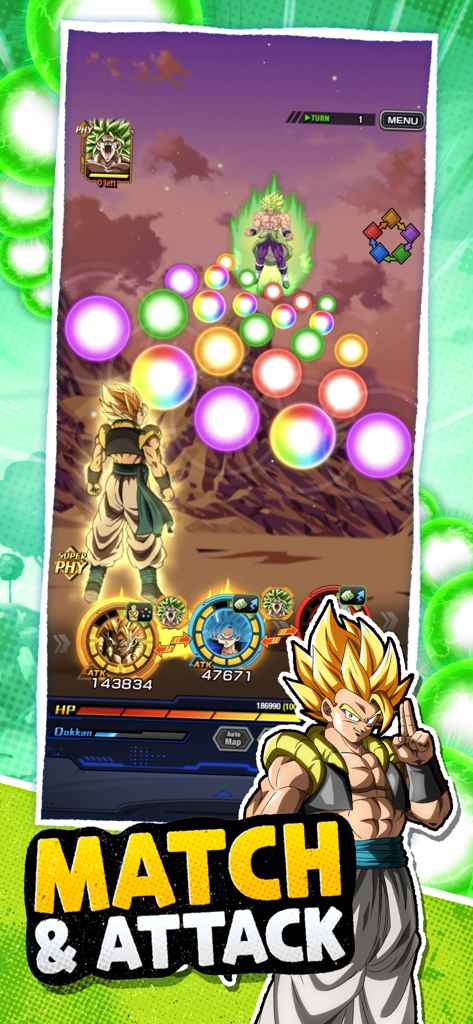 DRAGON BALL Z DOKKAN BATTLE - Jogabilidade de Dragon Ball Z Dokkan Battle mostrando combate de personagens e mecânicas de correspondência de esferas de Ki
