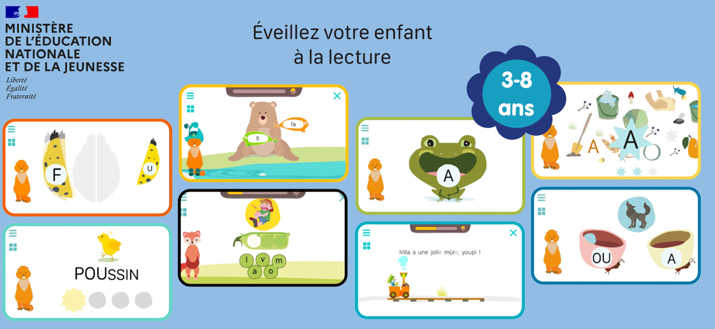 Corneille : reading in French - Educational game screens from the Corneille app for children learning to read in French.
