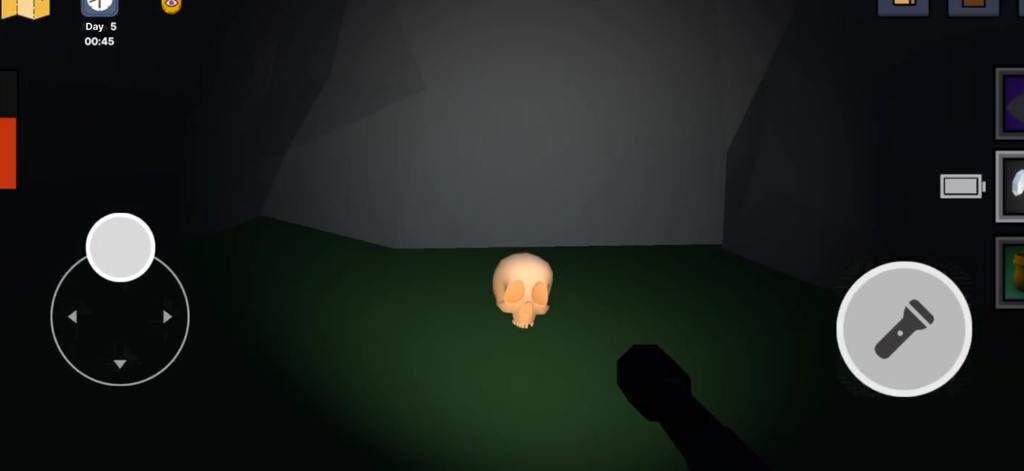 99 Nights In Forest: Survival - A first person view of a skull on the ground in the dark illuminated by a flashlight beam.