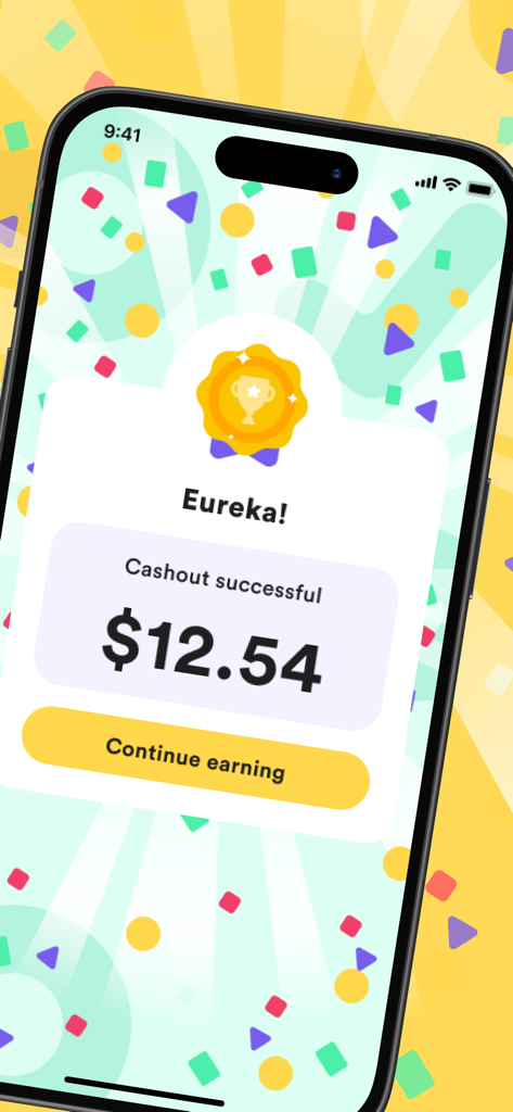 Eureka: Earn money for surveys - Tela do aplicativo Eureka mostrando um saque bem-sucedido de 12,54 dólares com confetes festivos