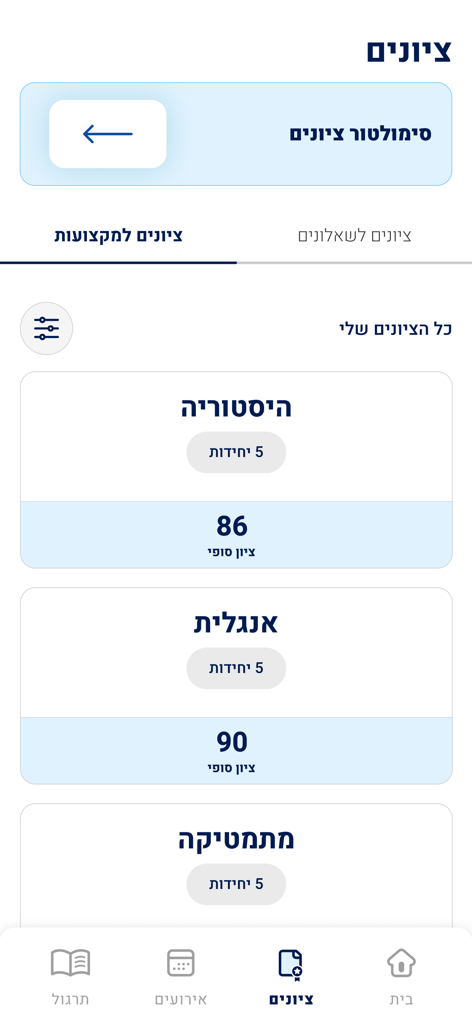תלמידים - A screenshot of the Israeli Students app showing high school exam grades for history and english