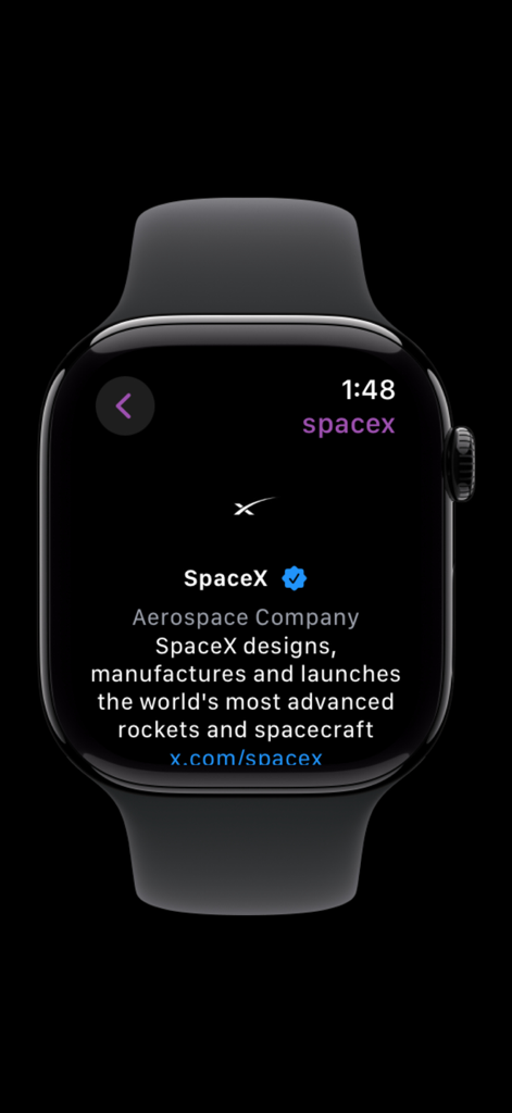 Información del perfil de SpaceX mostrada en la app Lens for Watch para Apple Watch