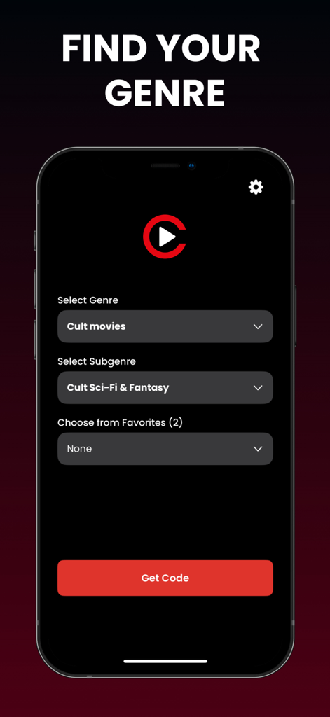 Oberfläche der App 'Film- & TV-Codes für Netflix' mit der Auswahl von Genres und Subgenres für Kult-Sci-Fi- und Fantasy-Filme mit einer Schaltfläche zum Abrufen des Codes