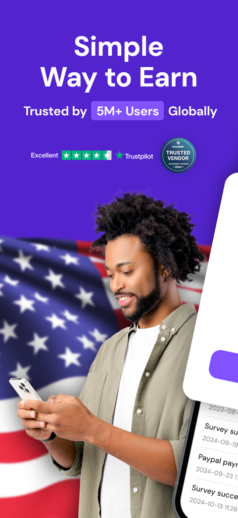 A man using Pawns.app to earn money on his phone with a US flag in the background