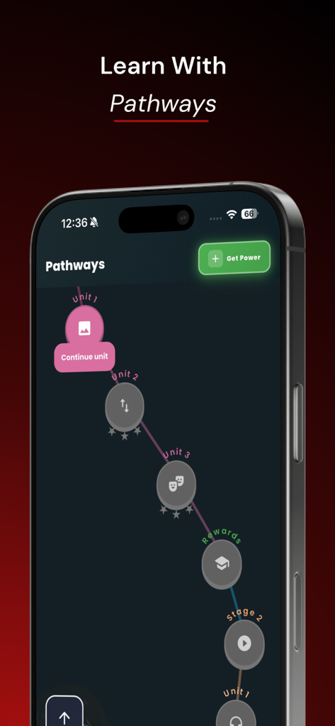 Aprender Inglés in 30 days - Interfaz de aplicación móvil que muestra una ruta de aprendizaje con diferentes unidades para el estudio del idioma inglés