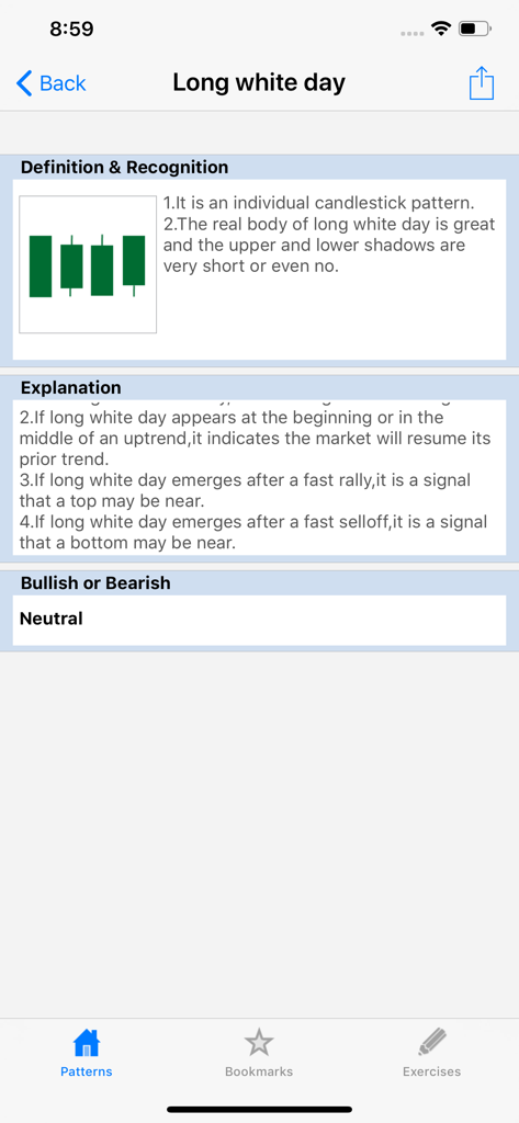 CandleStick Chart&Pattern Lite - Explanation of the Long white day candlestick pattern within the CandleStick Chart and Pattern Lite app
