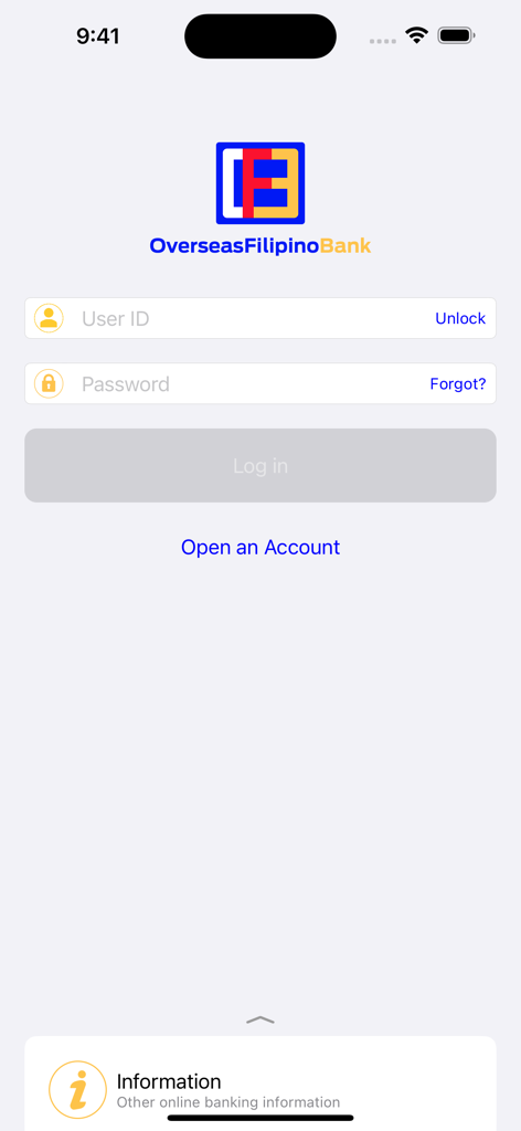 OFBank Mobile Banking - OFBank Mobile Banking app login screen with user ID and password fields