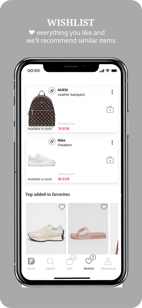 Fashion Days - Fashion Daysアプリのウィッシュリストのモバイルインターフェイス。GuessのレザーバックパックやNikeのスニーカーなどの保存された製品を表示