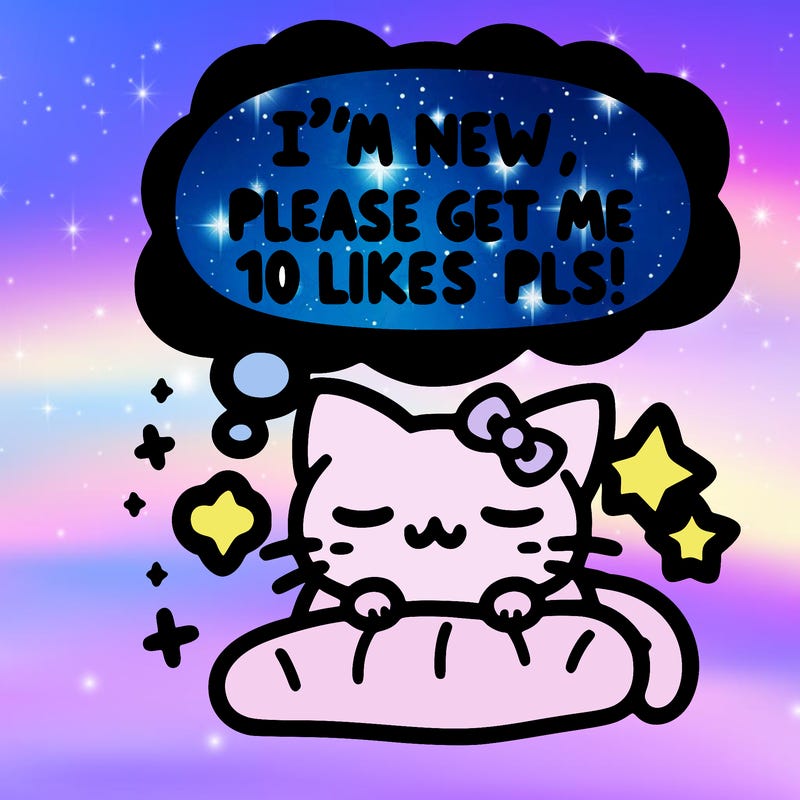 kitty taking a nap dream talking and saying "i'm new, please get me at least 10 likes pls!!"