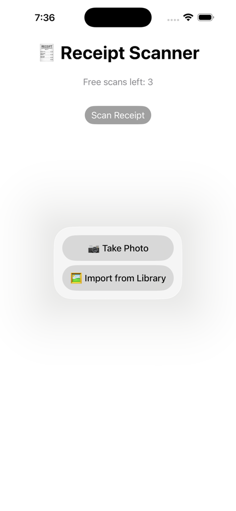 Receipt Scanner app home screen showing options to take a photo or import a receipt from the library.