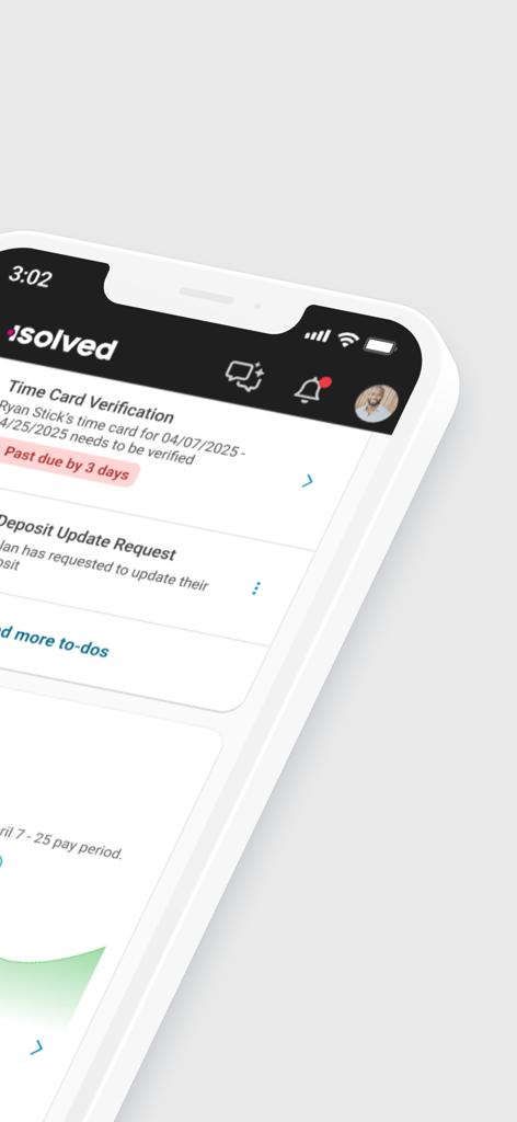 Interface do aplicativo isolved People Cloud mostrando tarefas de RH do funcionário e notificações de cartão de ponto