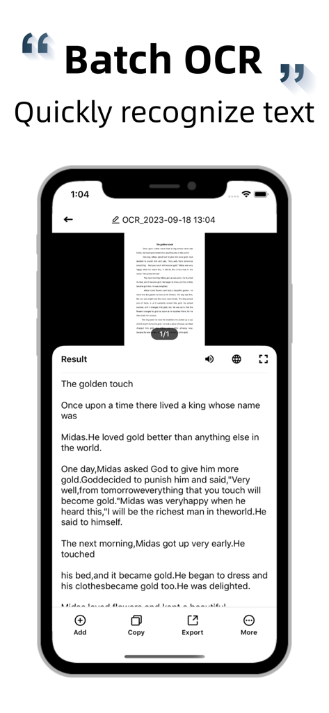 A smartphone screen displaying the batch OCR feature of the Scanner app extracting text from a document.