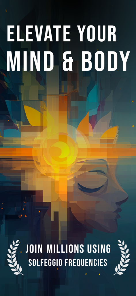 Solfeggio Frequencies - Chakra - Arte digitale di un volto sereno con una luce splendente sulla fronte e il testo Eleva la Tua Mente e il Tuo Corpo