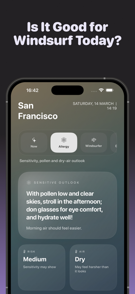Weather Assistant AI mobile app interface showing allergy specialist mode and personalized outdoor advice for San Francisco