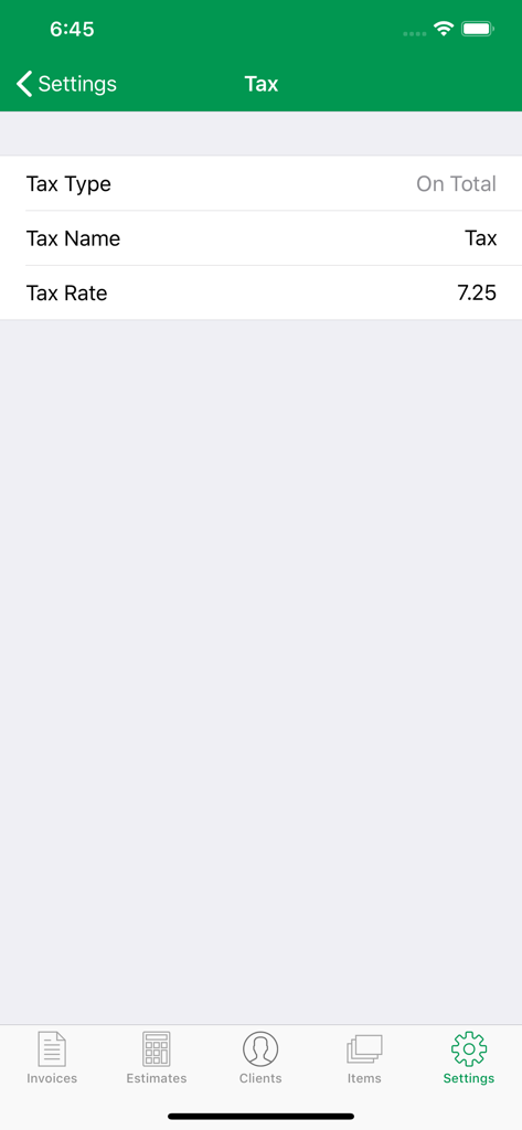 A interface de configurações de impostos do Aplicativo de Fatura para Pequenas Empresas exibindo tipo de imposto, nome e uma taxa de 7,25 por cento.