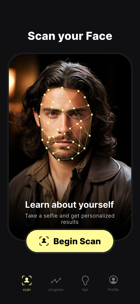 Looksmax AI - Get your rating - Looksmax AI app screen showing a male face being analyzed with a geometric AI grid overlay