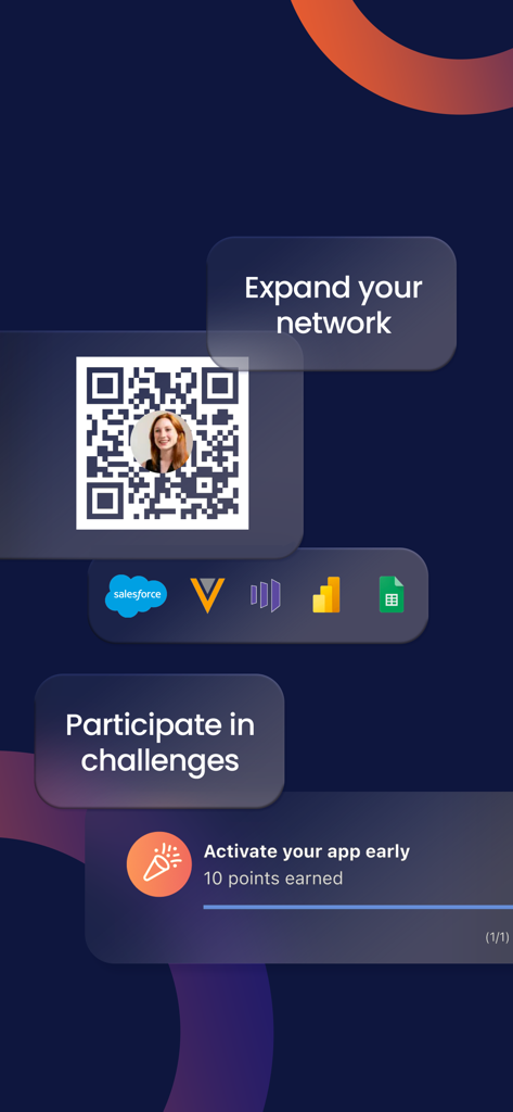 Interface de l'application Eventspace by SpotMe montrant un code QR de réseautage et des icônes d'intégration CRM comme Salesforce et Marketo