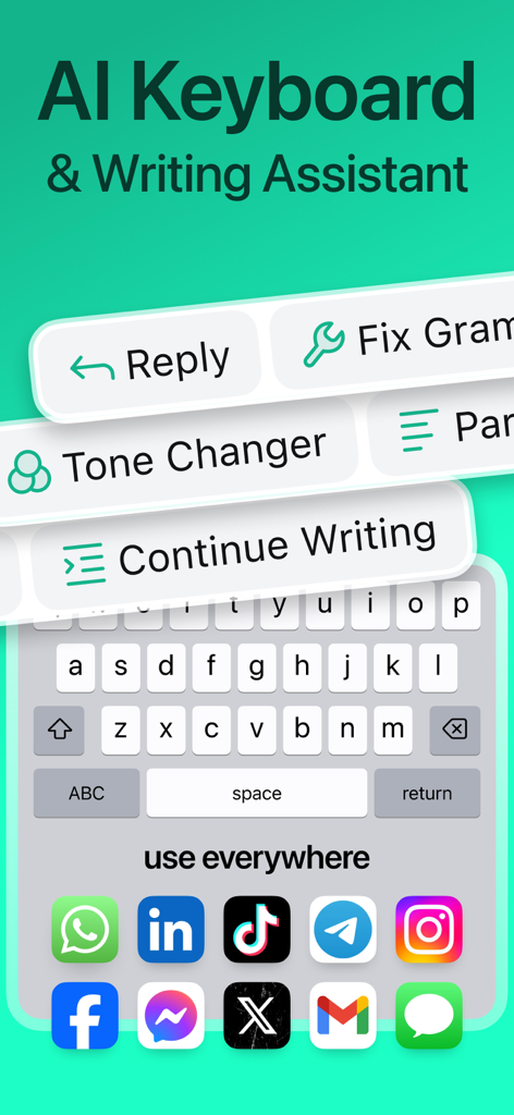 AI Type: Al Keyboard Extension - AI Keyboard and Writing Assistant showing grammar and tone changer features with various social media app icons