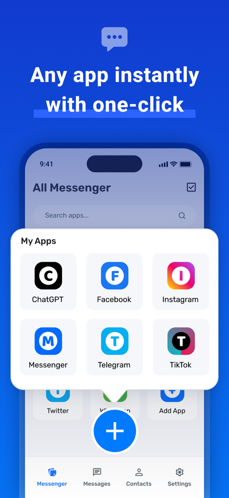 Messenger All app interface with a My Apps list for instant access to social media platforms like Instagram Facebook and ChatGPT