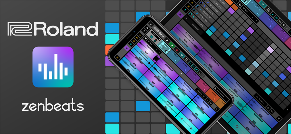 Roland Zenbeats - Roland Zenbeats app interface displayed on a smartphone and tablet for mobile music creation