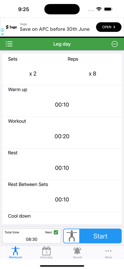 Tabata Timer for HIIT - A customizable HIIT workout setup screen showing sets reps and interval timings for a leg day routine